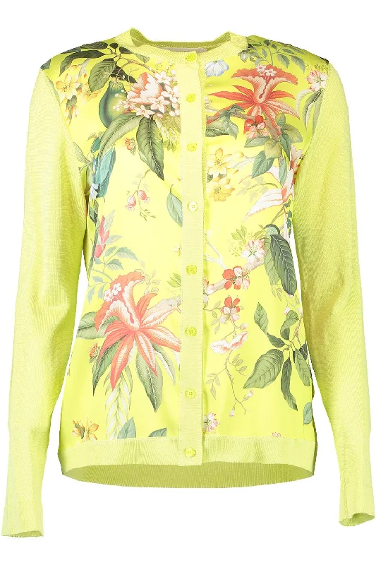 Floral Fauna Inset Cardigan Crew Neck V-Neck Turtle Neck