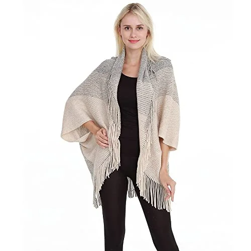 Bold N Elegant Girl's Winter Warm Open Front Poncho Cardigan Shrug Style Wrap with Tassel Fringe Hem for Women (Off White - Grey) Real Fur Shearling Chenille
