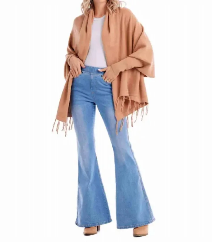 Fringe Cardigan Wrap In Tan Fleece Cardigan Nylon Polyester