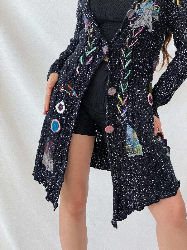 Vintage Ecam Whimsygoth Black Wool Long Gilet Cardigan - M Open Front Closed Front Wrap Front