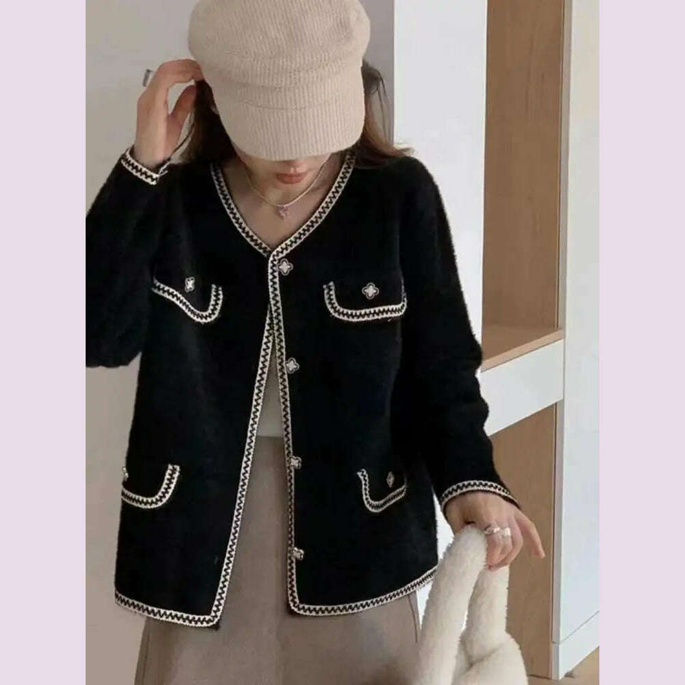Vintage New Black White Patchwork Women's Single Breasted Cardigan Sweater Autumn Winter Elegant Long Sleeve Knit Soft Tops Chic Asymmetrical,ymmetric Pencil Cardigan