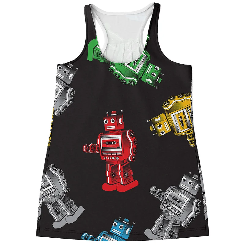 Vintage Robot Pattern Print Women's Racerback Tank Top gold tank top