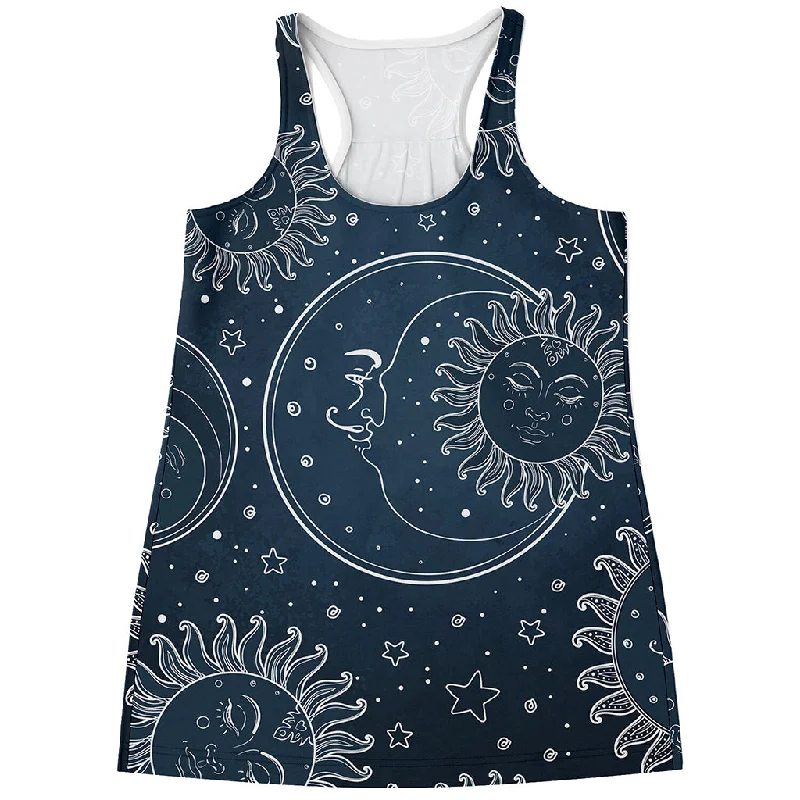 Vintage Sun And Moon Pattern Print Women's Racerback Tank Top vibrant tank top