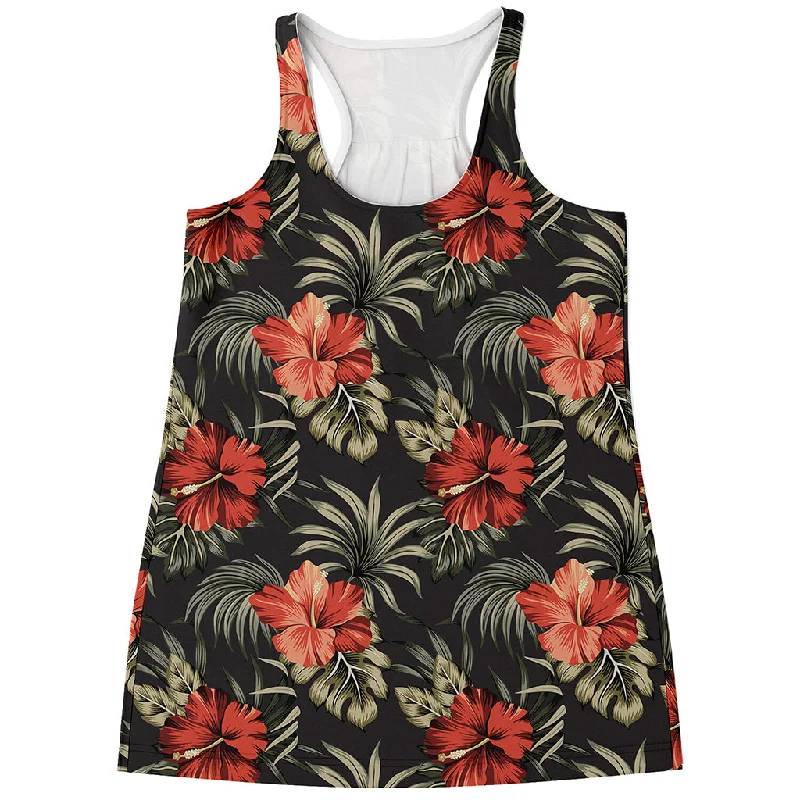 Vintage Tropical Hibiscus Floral Print Women's Racerback Tank Top bronze tank top