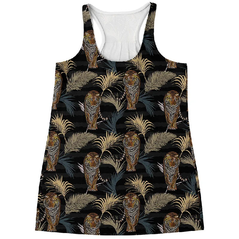 Vintage Tropical Tiger Pattern Print Women's Racerback Tank Top charcoal tank top