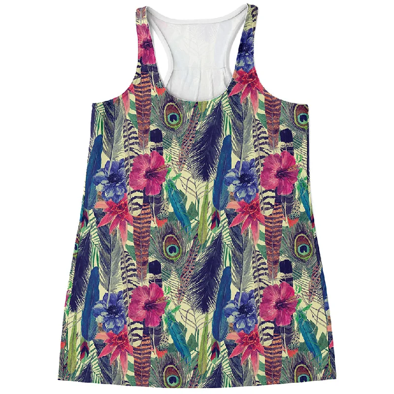 Vintage Watercolor Feather Print Women's Racerback Tank Top beige tank top