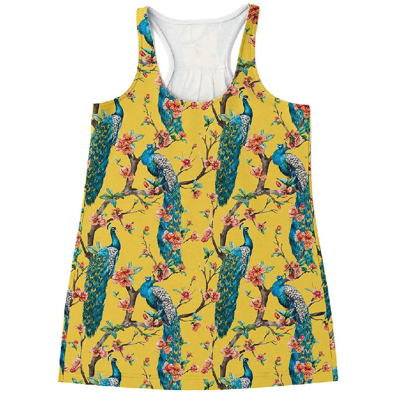 Vintage Watercolor Peacock Print Women's Racerback Tank Top lime green tank