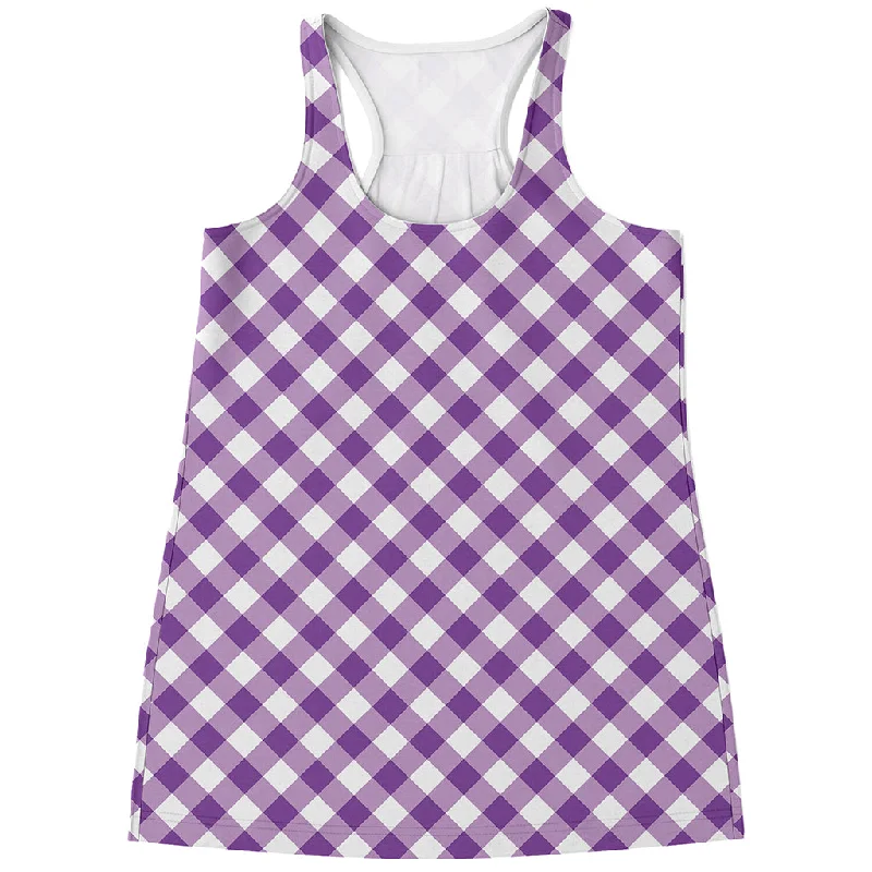 Violet And White Gingham Pattern Print Women's Racerback Tank Top fitted tank top