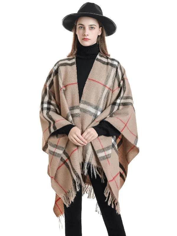 Women's Cashmere Feeling Shawl Lady Classic Plaid Cape Spring Autumn Retro Cardigan Winter Cloak with Tassels Soft Large Lightweight Heavyweight Midweight